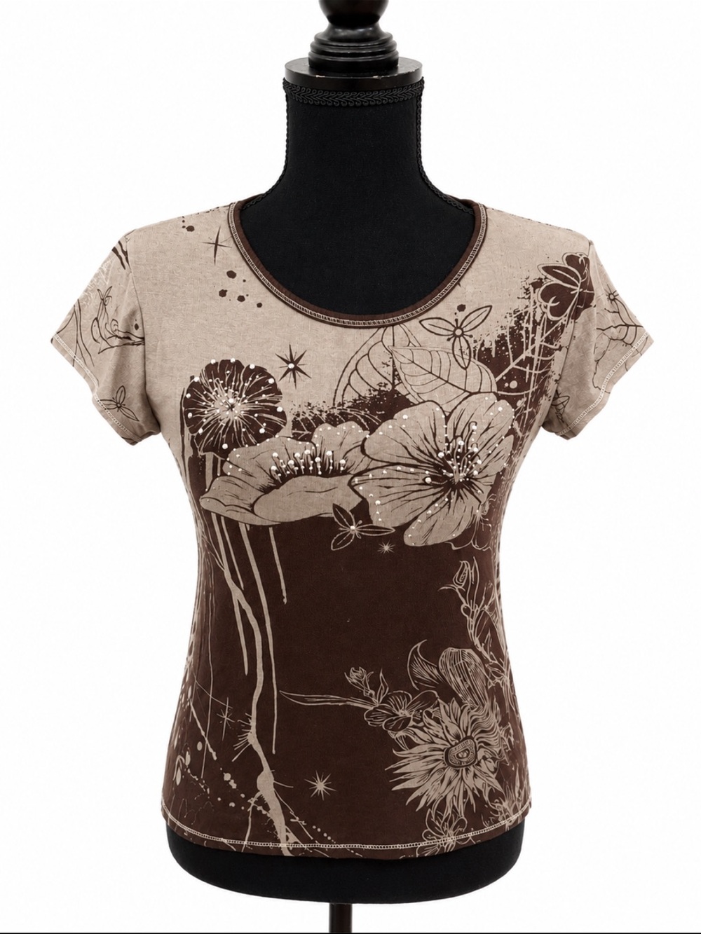 Y2K Brown Floral Graphic Baby Tee Fitted Cap Sleeve Top XS/S
